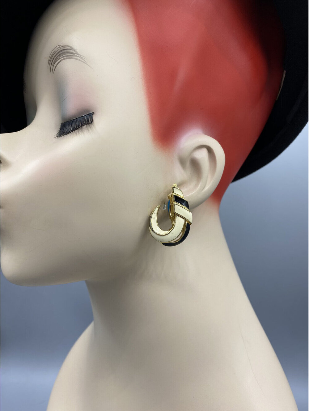 Trifari Black and Cream Enamel Fish Hook Clip Earrings V9
